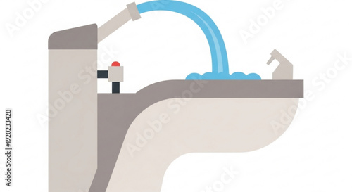 Toilet with overflowing water symbolizing plumbing issues and water waste with a red warning light on the tank