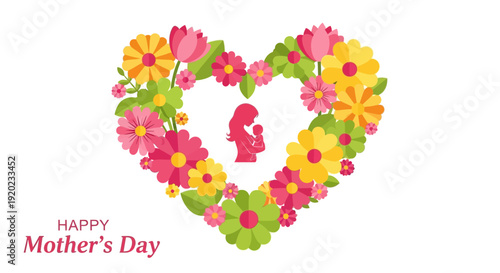 A colorful Mother's Day greeting card design featuring a heart-shaped floral wreath with pink, yellow, and orange flowers, and a 'Happy Mother's Day' message in pink text on a white