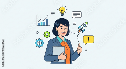 Businesswoman with innovative ideas and entrepreneurial spirit surrounded by growth and success symbols