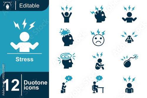 12 Duotone Icons Illustrating Various Aspects of Stress and Mental Health Challenges for Graphic Design Projects