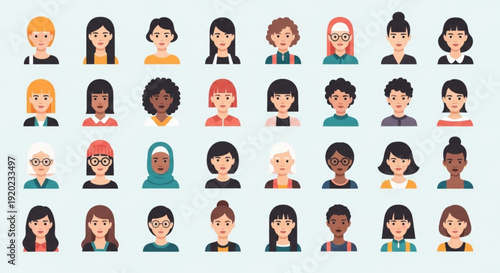 Diverse group of people with different ethnicities and hairstyles on a light blue background