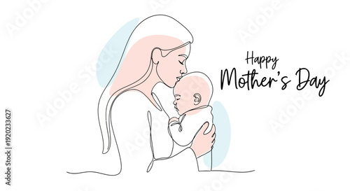 A minimalist Mother's Day illustration of a mother tenderly holding her baby with a pastel-colored background and a heartwarming celebration banner.