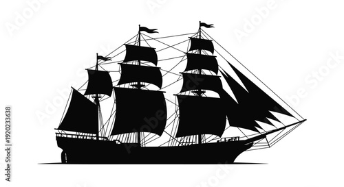 Detailed black ship with multiple sails against a white background silhouette