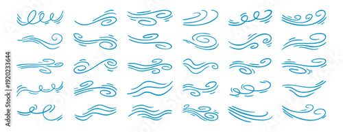Airflow and wind lines set collection doodle hand drawn icon. Outline drawing breeze flow line clipart symbol.