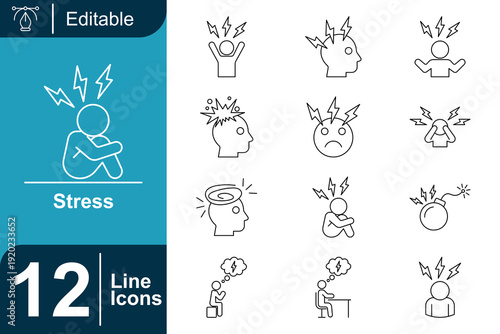 Set of line icons representing stress, anxiety, and mental health struggles with people experiencing emotional distress