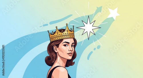 Woman wearing gold crown with starburst effect on colorful background royalty and celebration concept