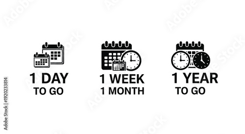 Time countdown icons showing one day week and year to go silhouette