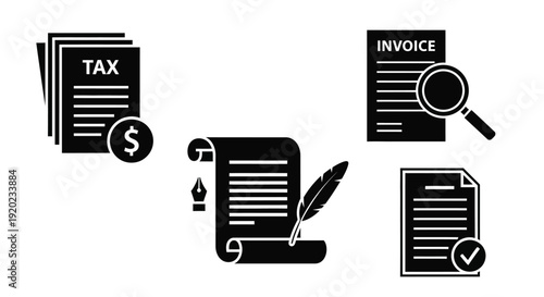 Financial documents including invoices and taxes in black silhouette