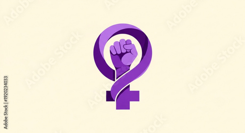 Purple feminist symbol with raised fist on cream background representing female empowerment and equality