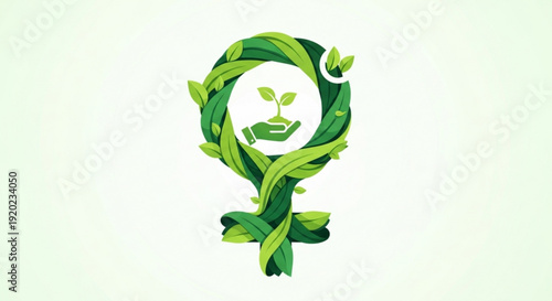Green venus symbol with leafy wreath and sprouting seedling representing eco feminism and sustainability