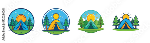 Camping tent in forest at sunrise with trees and nature emblem