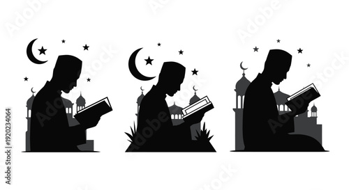 Three muslim men reading books under a crescent moon silhouette