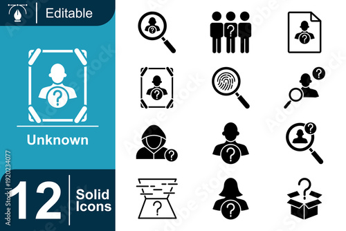Set of 12 Solid Icons Representing Unknown People, Identity Verification, Search, and Mystery for Digital and Print Use