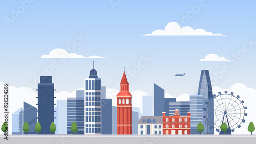 A simplified illustration of a modern city skyline with iconic landmarks