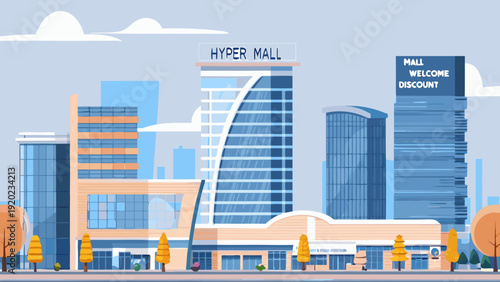 Stylized illustration of a modern hyper mall with surrounding buildings