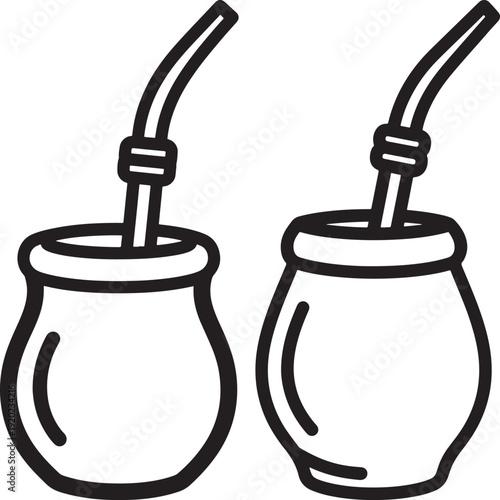 Two Yerba Mate gourds with bombillas, traditional South American drinkware, black and white outline illustration.