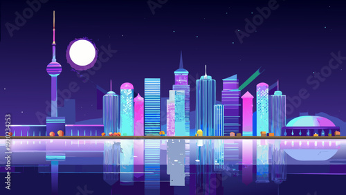 A vibrant stylized cityscape with a large moon and reflective water