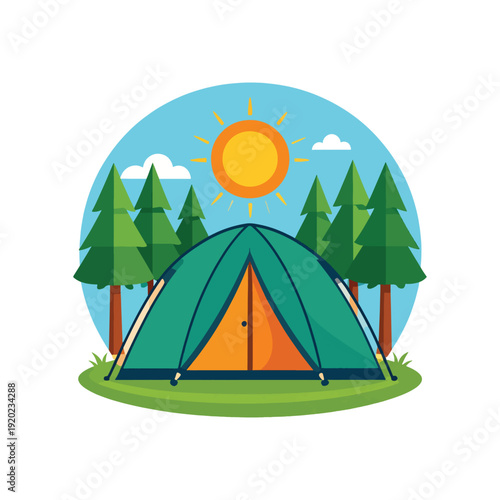 Camping tent in forest at sunrise with trees and nature emblem