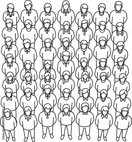 Large crowd of diverse people in outline, representing community, unity, and teamwork, black and white illustration.