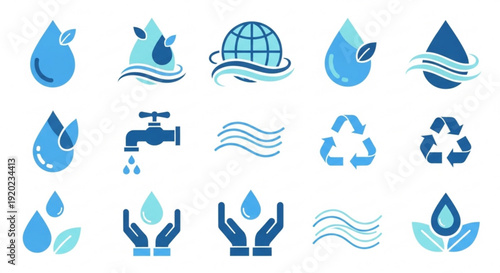 Collection of blue water conservation and eco friendly icons including recycling symbols droplets and hands holding water on white background
