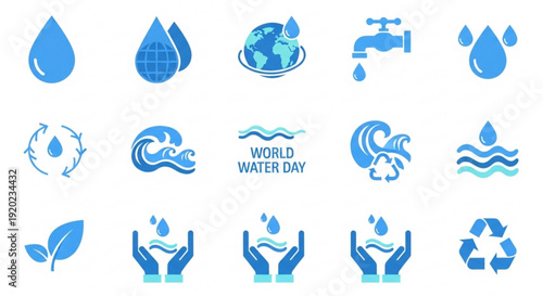 World water day icons set with blue water droplets eco friendly symbols and hands holding water representing conservation and sustainability