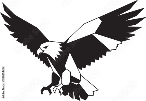 Black and white geometric eagle with wings spread wide descending bird abstract