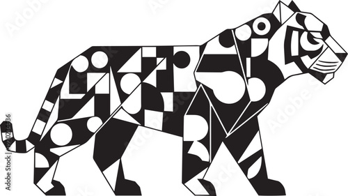 Black and white geometric tiger walking profile view animal abstract