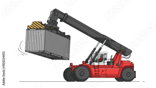 Large red reach stacker machine lifts a white cargo shipping container at a busy industrial port or logistics terminal.