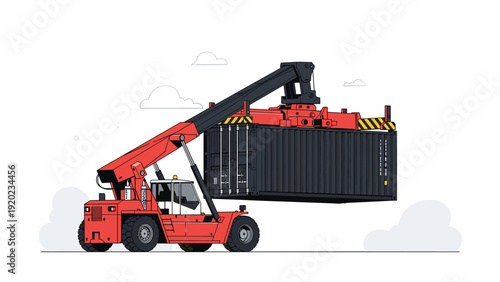 Red reach stacker vehicle lifting a black metal shipping container against a simple white background with fluffy clouds.