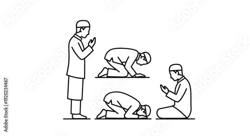 Muslim men praying together in a minimalist black silhouette