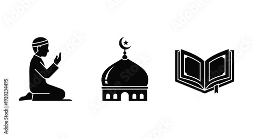 Islamic symbols including a praying figure mosque and open book silhouette