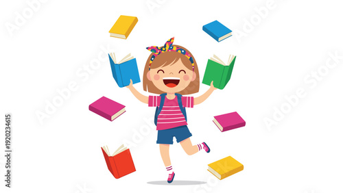 Enthusiastic schoolgirl with a colorful headband jumps for joy while many books fly around her against a white background.