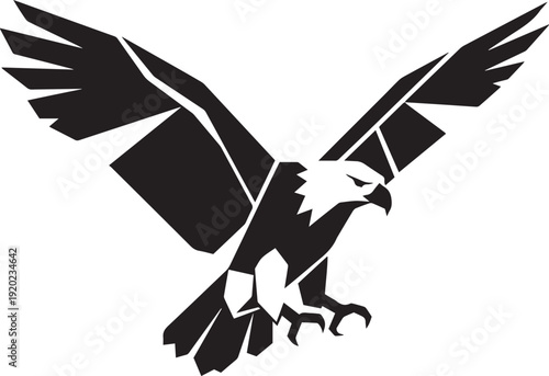 Black geometric eagle with wings spread in flight on white background bird hawk falcon raptor
