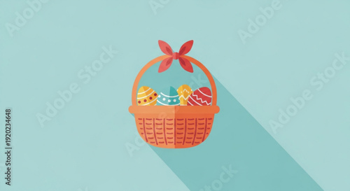 Colorful easter eggs in a wicker basket with red bow on light blue background symbolizing springtime and holiday celebrations