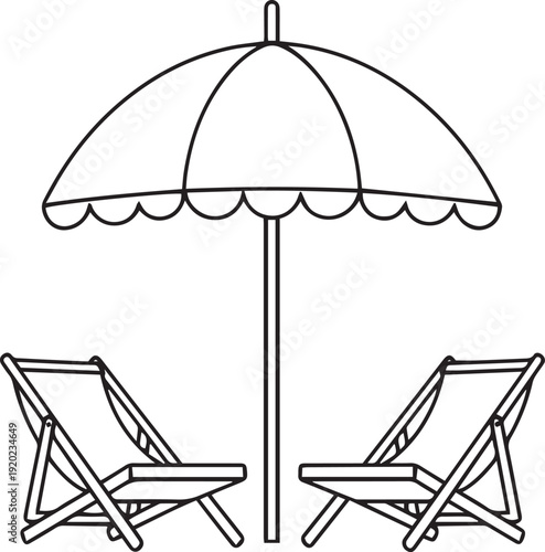 Black and white outline of two deck chairs under a beach umbrella lounge chair line black and white