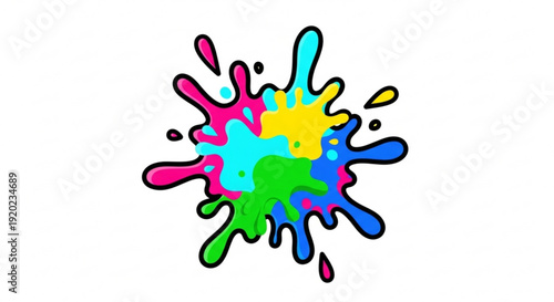 Vibrant colorful paint splatter with pink blue green yellow and purple hues on white background