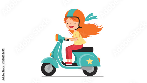 Happy young girl with long orange hair and a safety helmet rides a turquoise motor scooter on a bright sunny day.