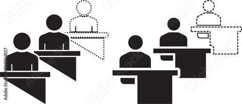 Students at desks, online learning or remote work concept, solid and dotted line icons, black and white.