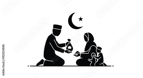 Muslim family breaking fast during ramadan a striking black silhouette
