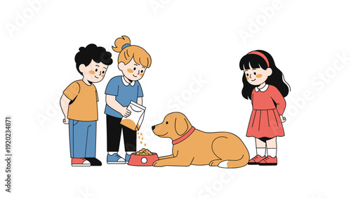 Three young children gather around to feed a large brown dog that is lying down patiently near its red food bowl on the floor.