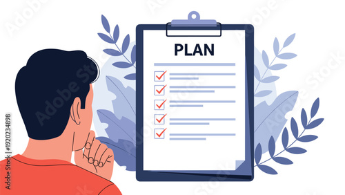 Man stands with his hand on his chin while thoughtfully examining a large clipboard with a detailed project plan at work.