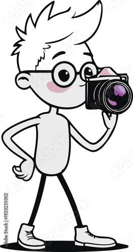 anthropomorphic camera character with human body, thinking and adjusting imaginary lens, creative photographer pose, clean vector outline, sticker design, white background 1