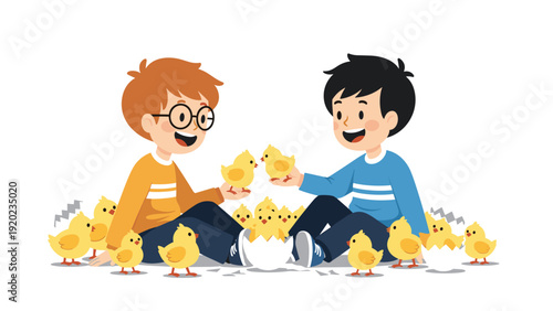 Two cheerful boys sit on the ground and play happily with a group of fluffy yellow chicks that have just hatched from eggs.