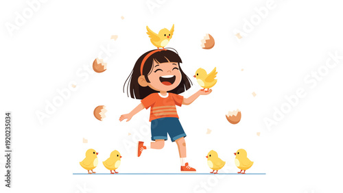 Cheerful young girl runs and plays happily with yellow baby chicks while broken eggshells are scattered around her.