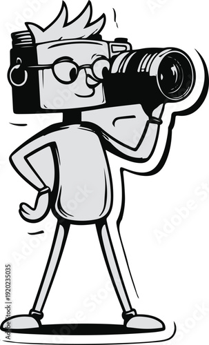 anthropomorphic camera character with human body, thinking and adjusting imaginary lens, creative photographer pose, clean vector outline, sticker design, white background