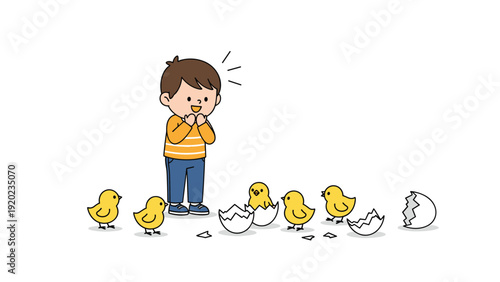 Young boy looks on in amazement and delight as several small yellow chicks hatch from their white eggshells on the ground.