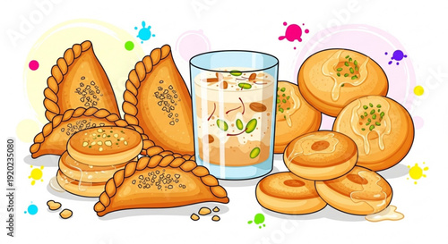 Traditional indian sweets and snacks with a glass of milk on a colorful background for diwali or holi celebration