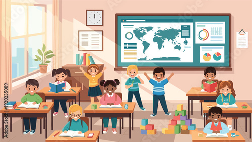 Group of happy and diverse children are busy learning and playing in a bright and well-equipped modern classroom at school.