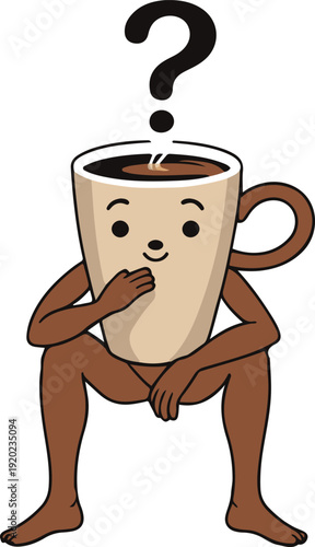 anthropomorphic coffee cup character with human arms and legs, sitting and thinking pose, steam forming question mark shape, clean bold outline, minimal colors, vector sticker, white background 1