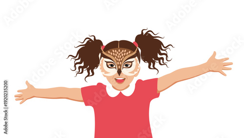 Young girl in a red shirt with her arms wide open wears a detailed owl mask for a fun costume party or a school theater play.